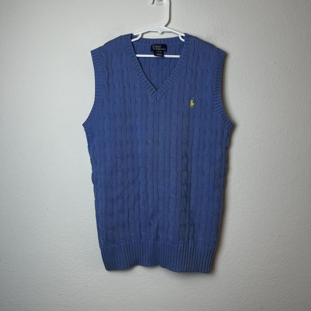 Polo Ralph Lauren Vest Boys Large 14/16 Light Blue Cable Knit Cotton Preppy